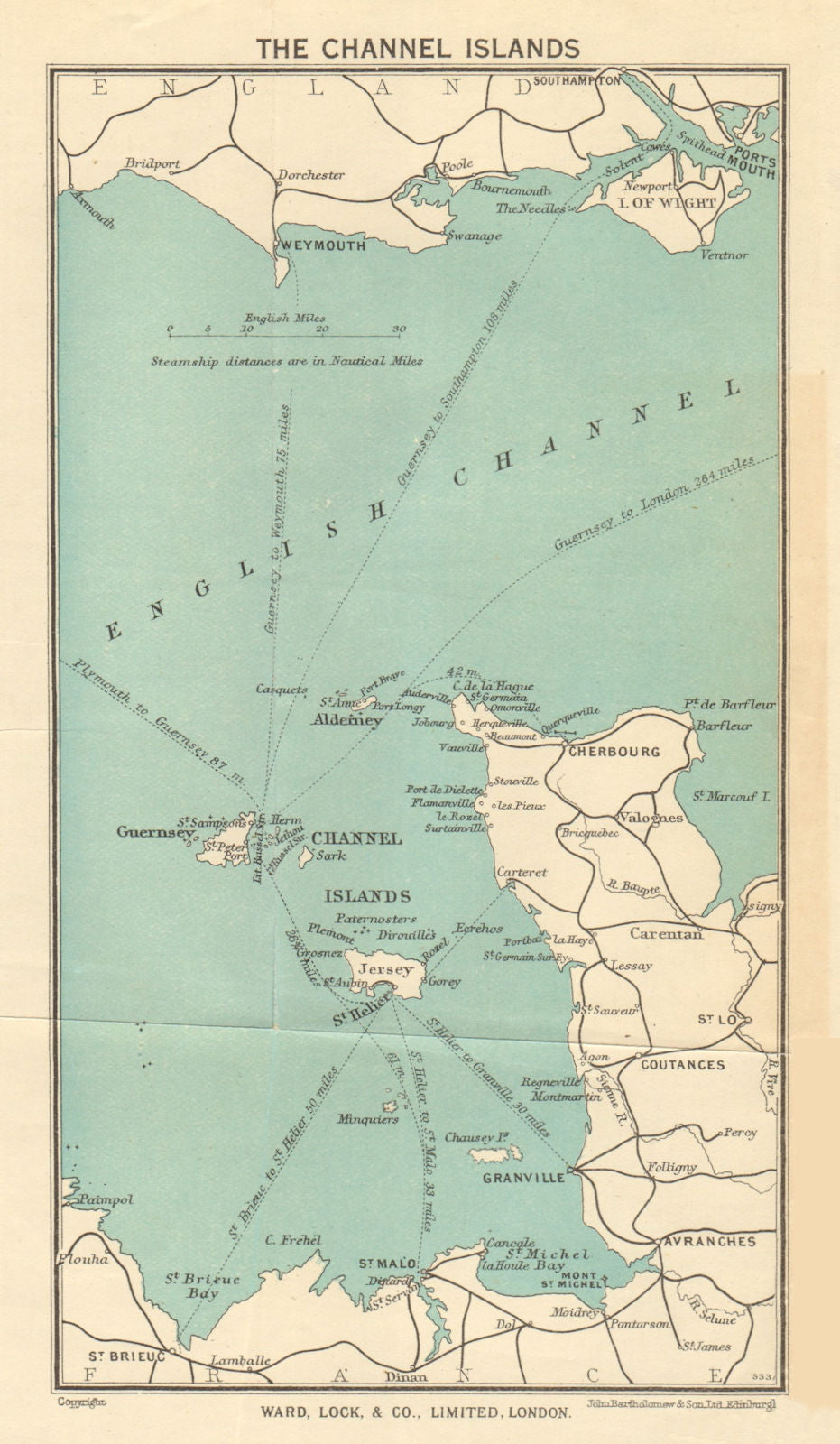 CHANNEL ISLANDS ferry routes. Jersey Guernsey Sark Cotentin. WARD LOCK 1951 map